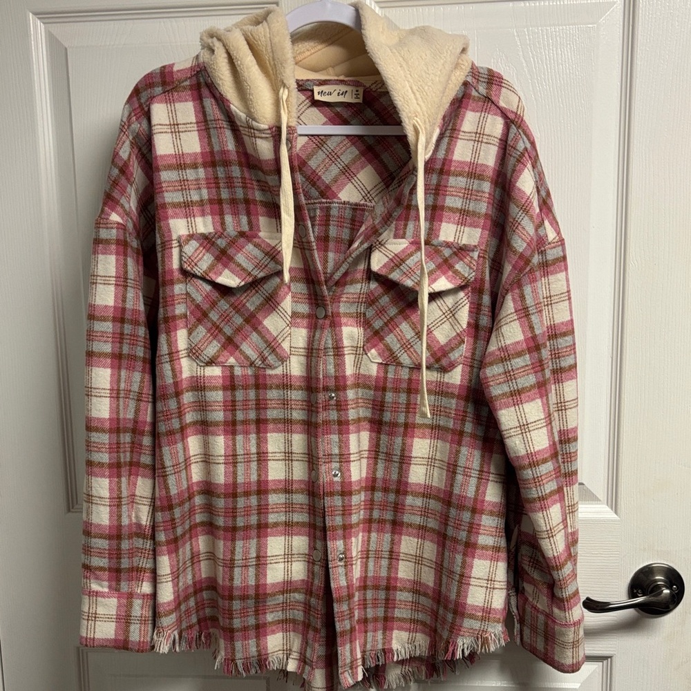 New In Pink and Cream Plaid Hooded Shirt